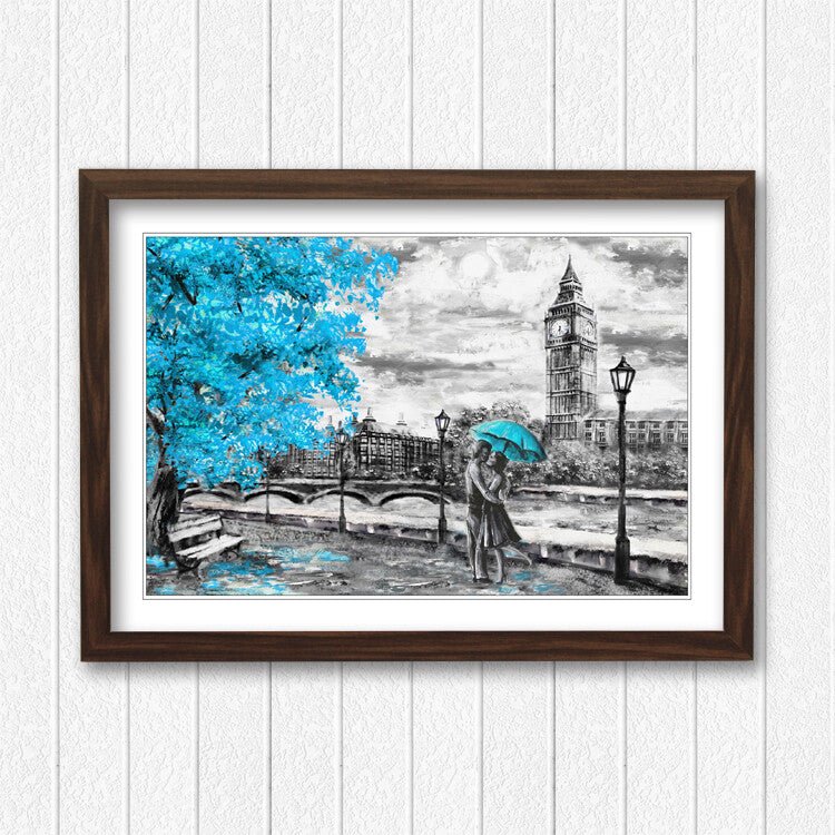 London Big Ben Wall Art - Framed Poster Print With Grey Teal Umbrella Design