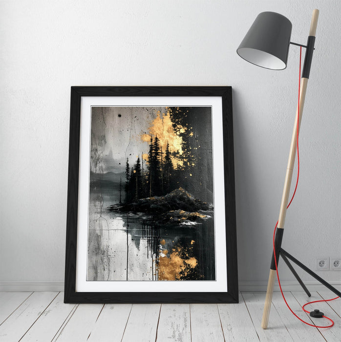 Framed Wall Art Abstract Black Gold Poster Forest Print - Modern Home Decor