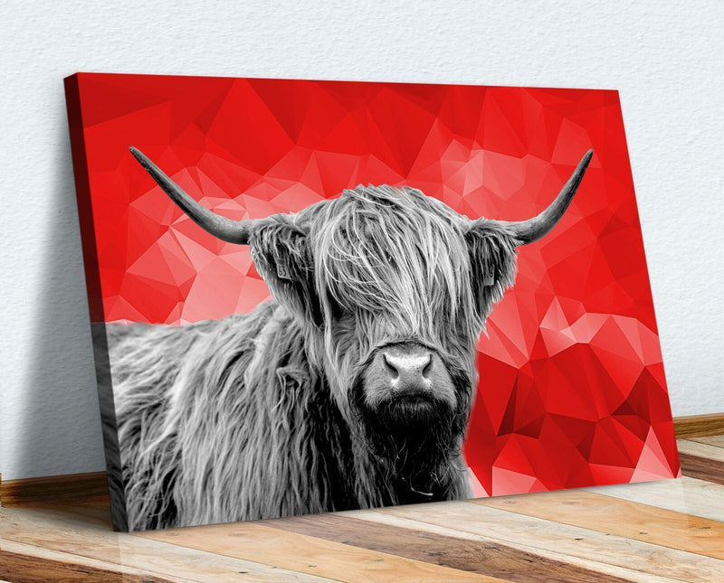 Canvas Wall Art - Highland Cow Black White Canvas Print With Red Geo Artwork