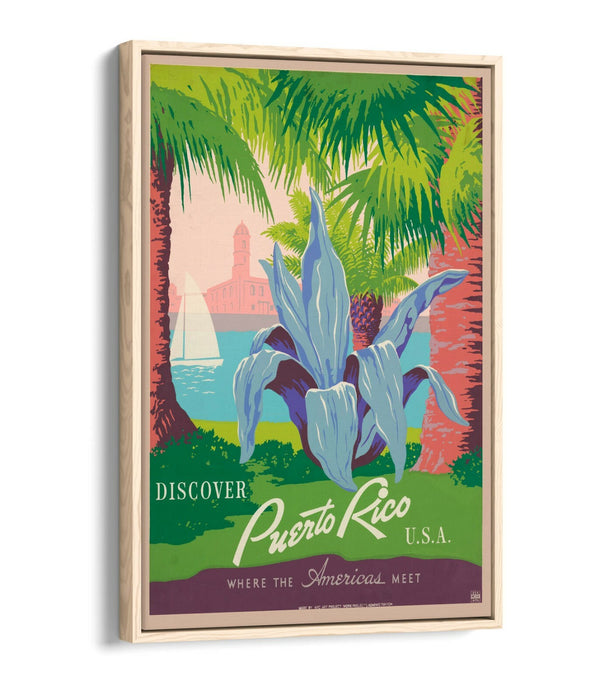 RETRO PUERTO RICO TRAVEL POSTER -FLOAT EFFECT CANVAS ART PRINT- BLUE PINK