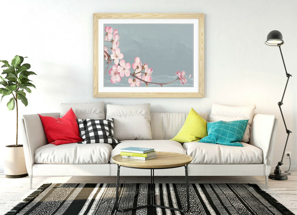 CHERRY BLOSSOM -FRAMED POSTER WALL ART PRINT ARTWORK- BLUE GREY PINK