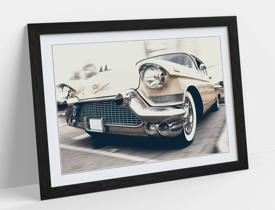 Framed Art Poster - Vintage car Wall Art Print with Woodgrain Frame Design