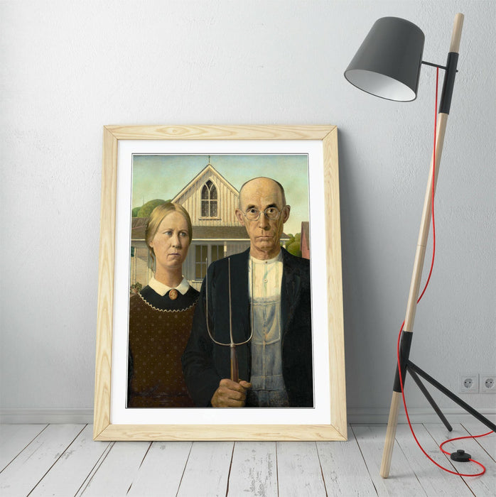 American Gothic Art Print – Handmade Framed Art Poster With Wood Grain Frame