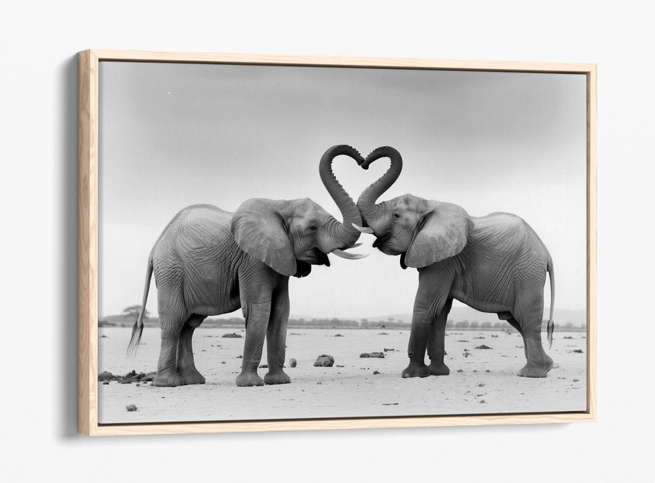 Canvas Wall Art - Black White Elephants Love Heart Float Effect Print