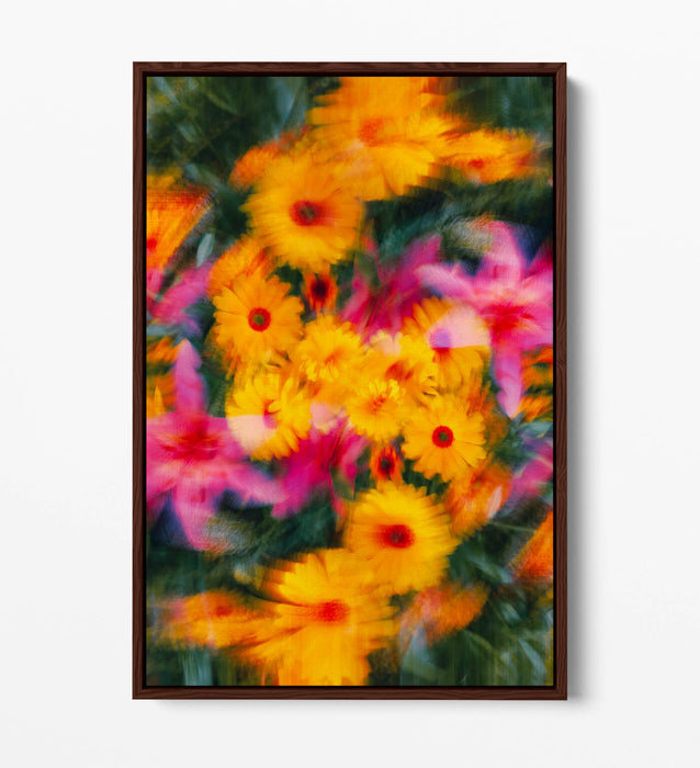 Float Effect Canvas Art - Colourful Blurred Yellow Pink Flowers on Premium MDF Frame