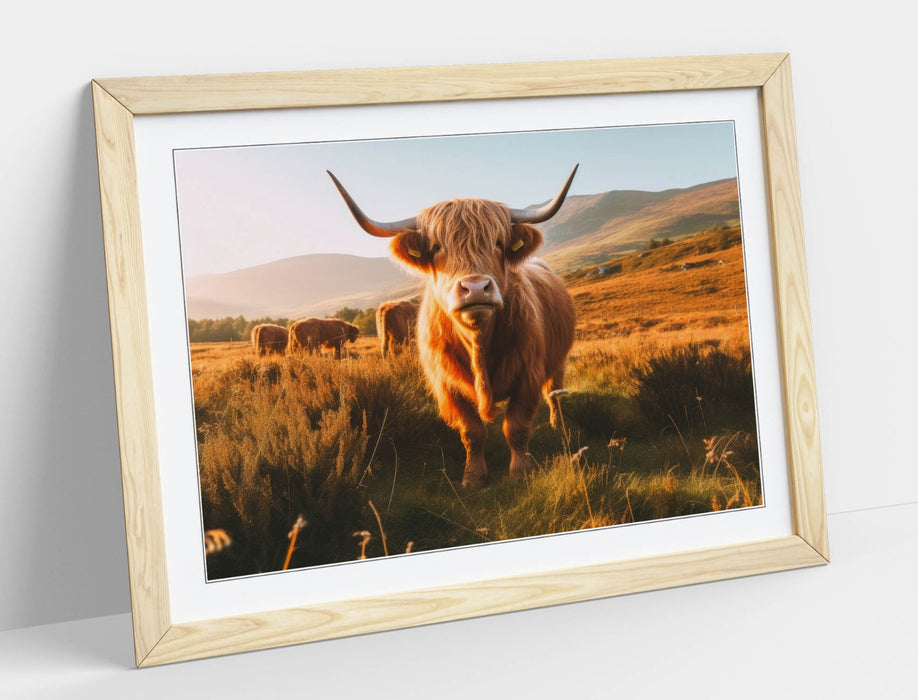 Highland Cows Wall Art – Framed Animal Landscape Print With Woodgrain Frame