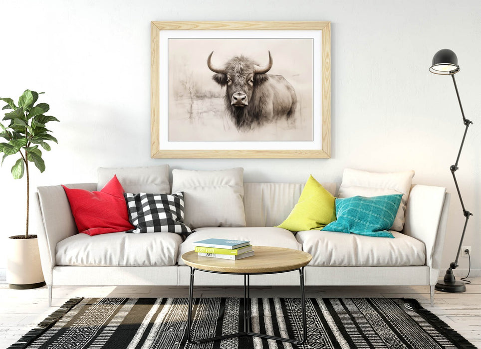 Highland Cow Wall Art – Framed Charcoal Sketch Print with Natural Wood Frame