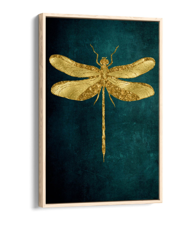 Canvas Wall Art – Gold Dragonfly On Dark Teal Background | Float Effect Print