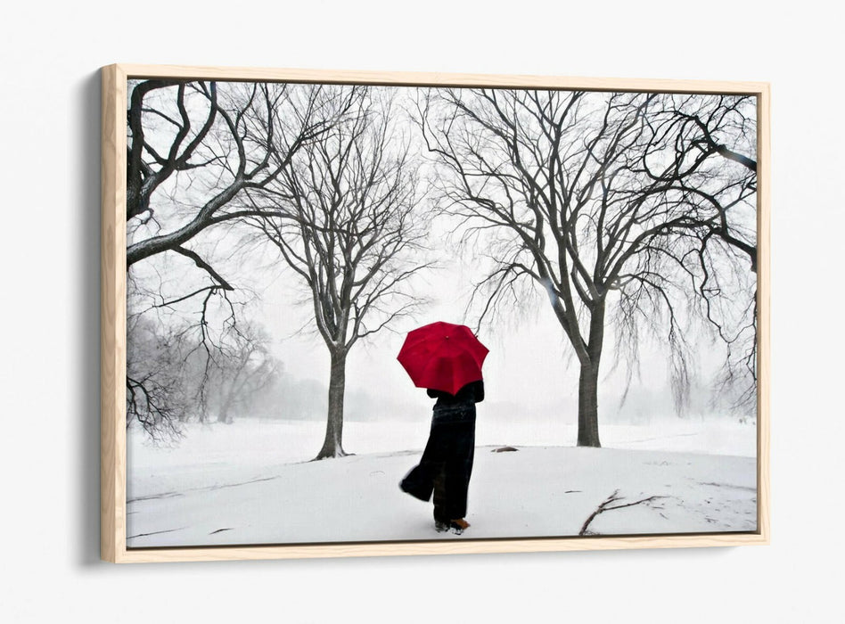 Canvas Wall Art - Red Umbrella Snow Scene | Float Effect Canvas Print
