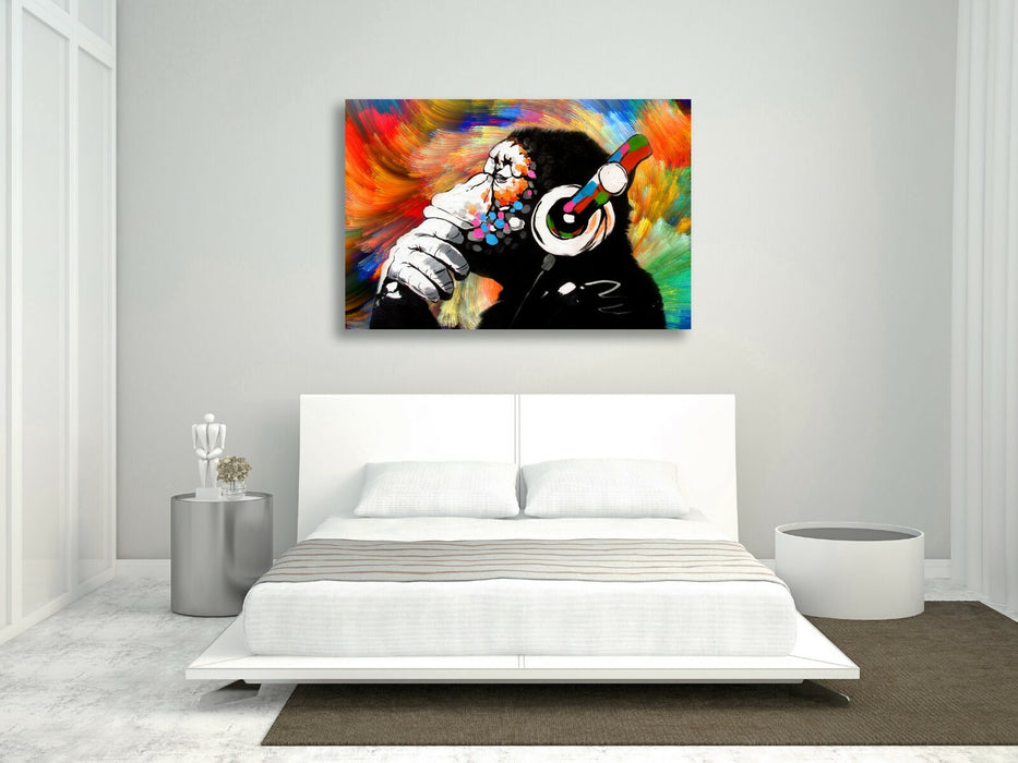 MONKEY DJ BANKSY COLOURFUL SWIRL CANVAS STREET WALL ART PRINT ARTWORK -  GORILLA