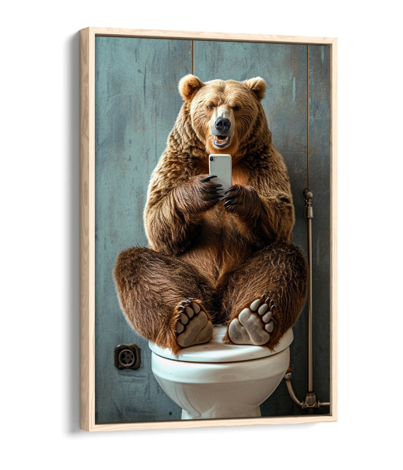 Funny Bear Canvas Art – Humorous Bathroom Wall Decor | Float Effect Canvas Print