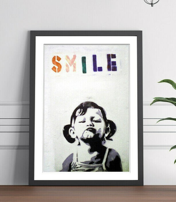 Banksy Smile Kid Poster - Framed Art Print With Woodgrain Frame Design