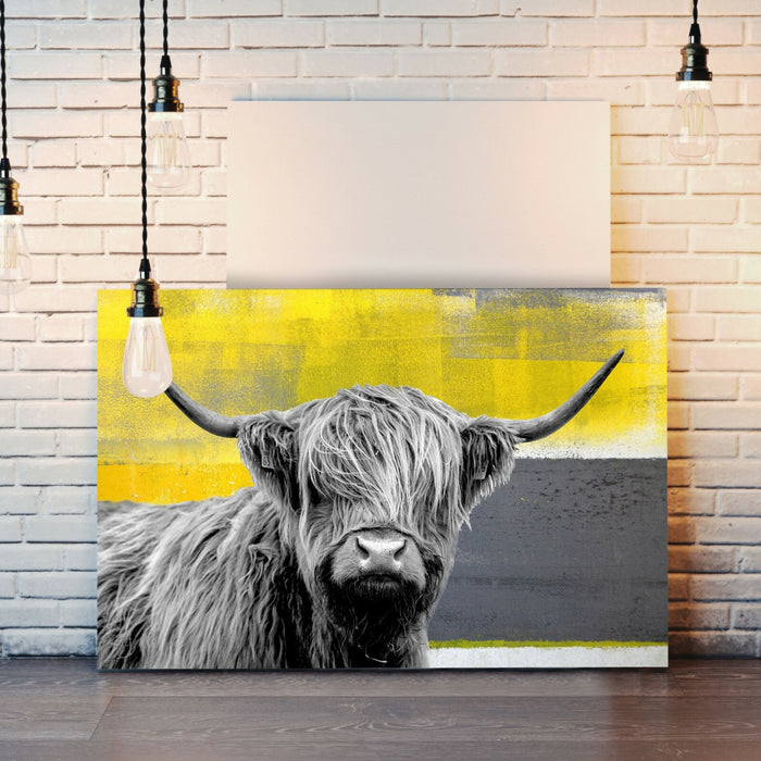 Highland Cow Canvas – Yellow Grey Abstract Animal Wall Art Print | Premium Canvas