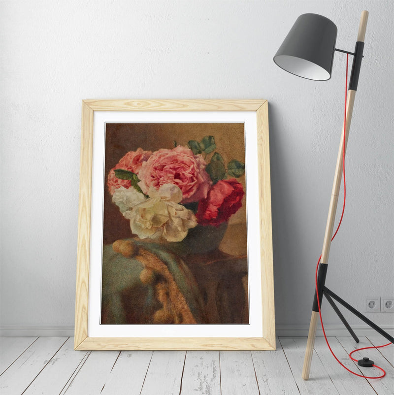 Framed Wall Art - William John Wainwright Roses Floral Poster Print in Woodgrain Frame