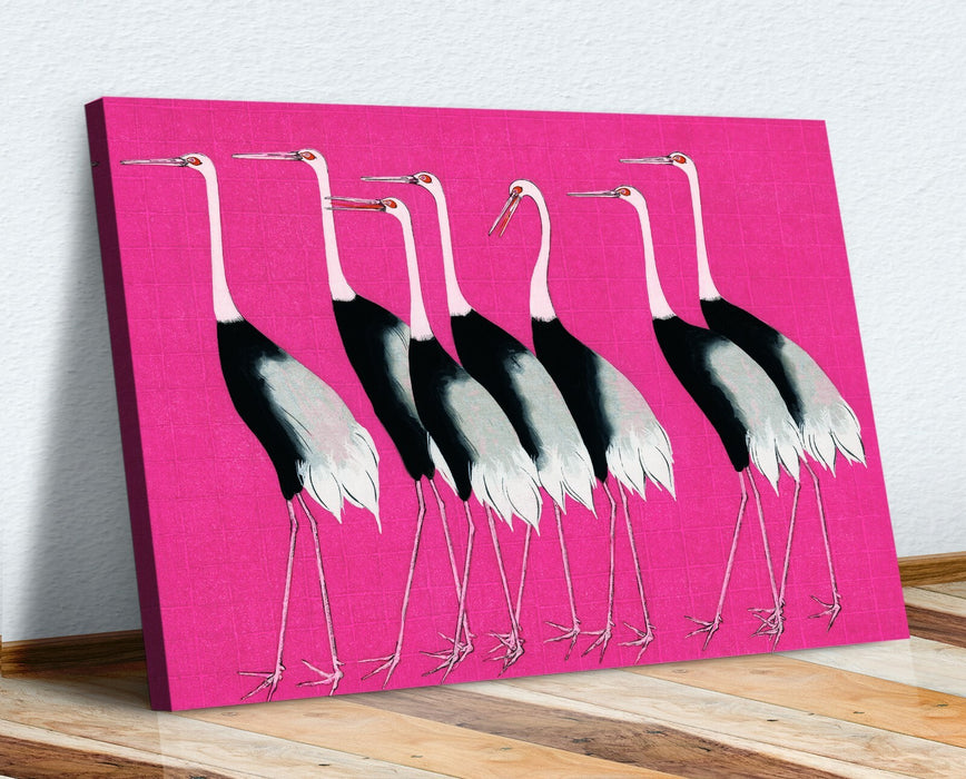 PINK CANVAS WALL ART PRINT PICTURE ARTWORK ORIENTAL CRANES  HAPPINESS JAPANESE