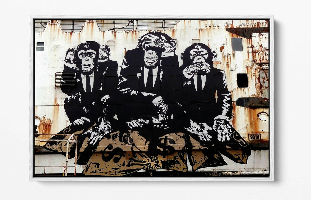BANKSY 3 WISE MONKEYS -FLOAT EFFECT CANVAS WALL ART PIC PRINT- WHITE BEIGE