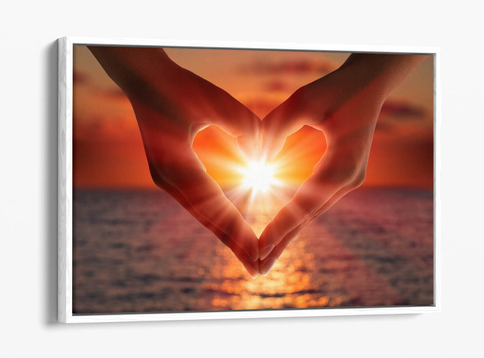 Canvas Wall Art – Sunset in Heart Shaped Hands | Premium Float Effect Print