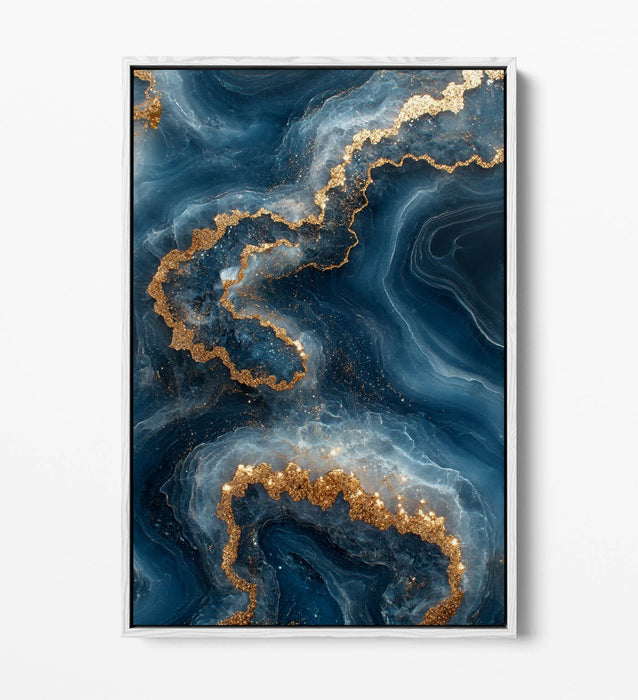 Canvas Wall Art - Gold Blue Abstract Sea Water Print With Float Effect Frame