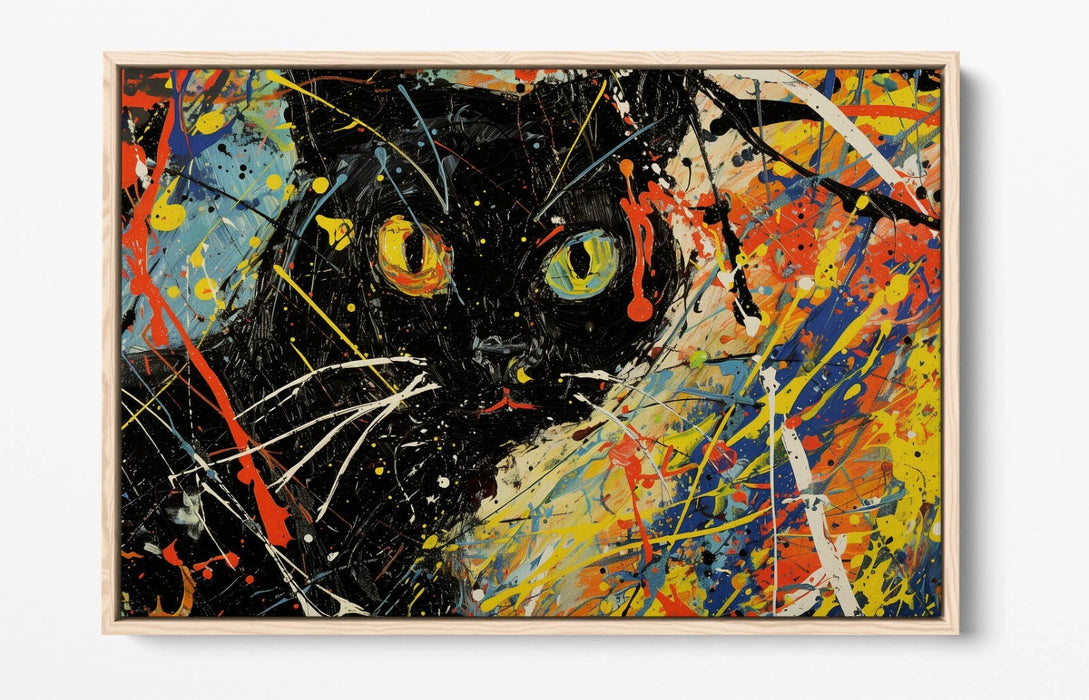 Black Cat Canvas Art - Jackson Pollock Style Float Effect Modern Cat Artwork