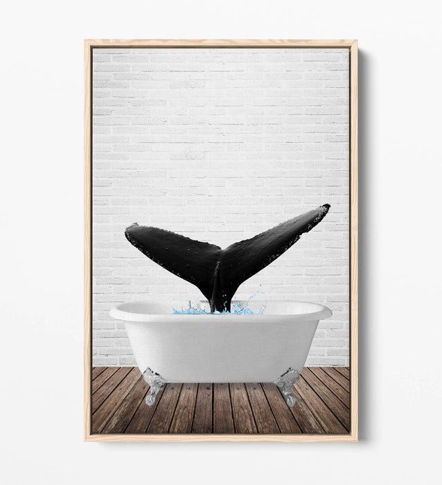 WHALE IN BATHTUB -QUIRKY BATHROOM FLOAT EFFECT CANVAS WALL ART PIC PRINT