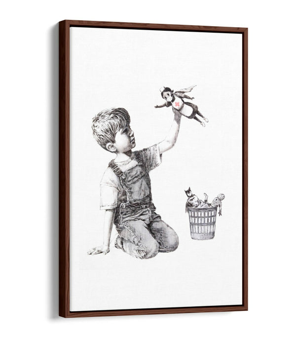 BANKSY SUPER HERO NURSE -FLOAT EFFECT CANVAS WALL ART PIC PRINT- GREY