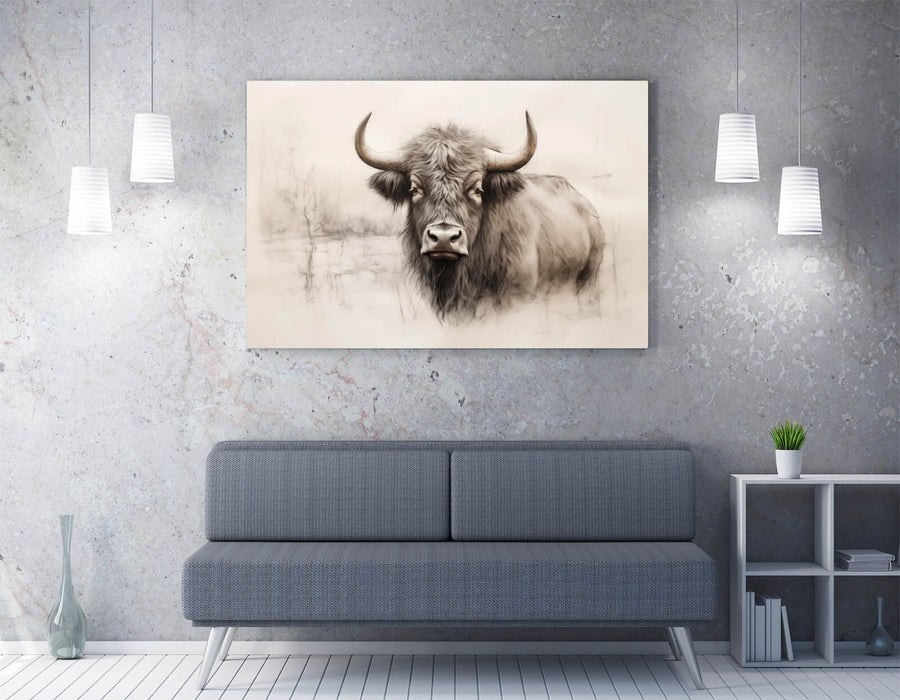 Charcoal Sketch Canvas | Highland Cow Art - Handmade Canvas Wall Decor Print