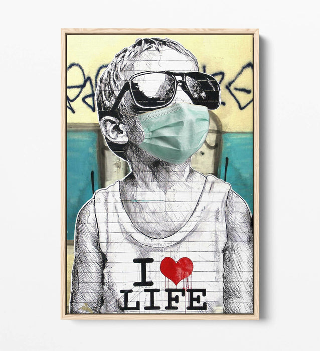 BANKSY I HEART LIFE BOY MASK -FLOAT EFFECT CANVAS WALL ART PIC PRINT- BLUE GREY
