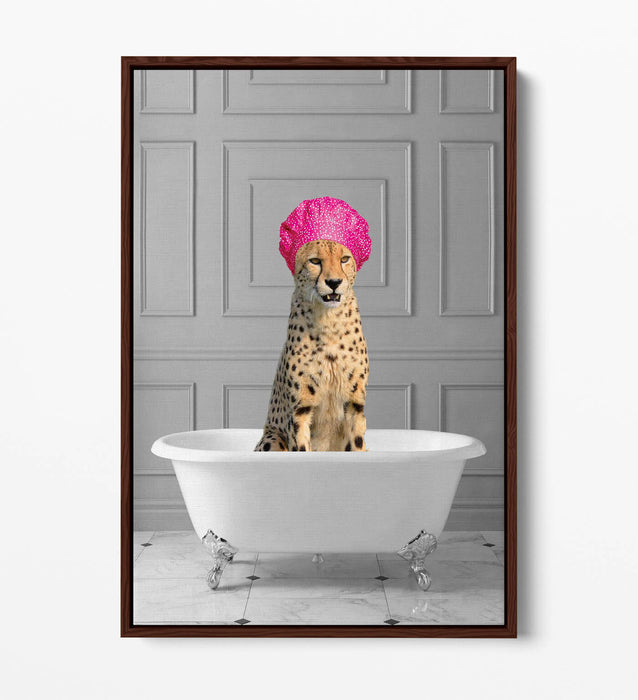 FUNNY CHEETAH IN BATHTUB -QUIRKY BATHROOM FLOAT EFFECT CANVAS WALL ART PIC PRINT