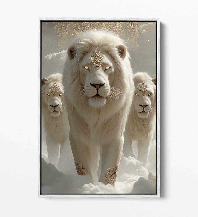 White Lions Canvas Art - Mystical Fantasy Wall Art With Float Effect Frame
