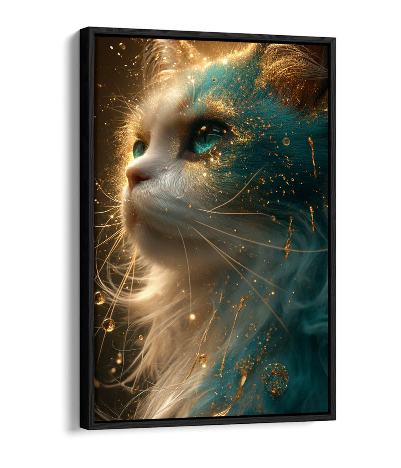 Glowing Cat Canvas Art – Blue Gold Artwork | Float Effect Canvas Print