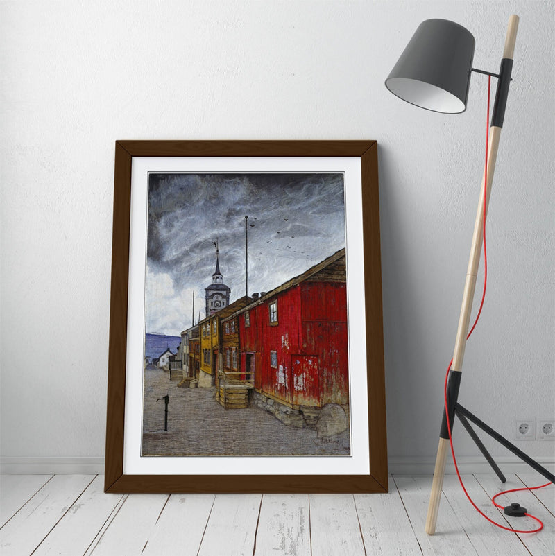 Framed Wall Art - Harald Sohlberg Street In Roros Poster Print With Woodgrain Frame