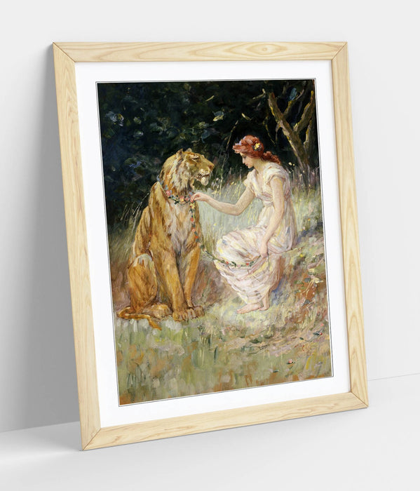 Framed Art Poster - Frederick Stuart Church Lady And Tiger Print With Woodgrain Frame