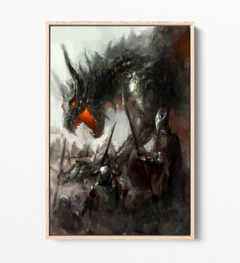Canvas Wall Art – Watercolour Dragon & Knights Float Effect Print with Premium Frame