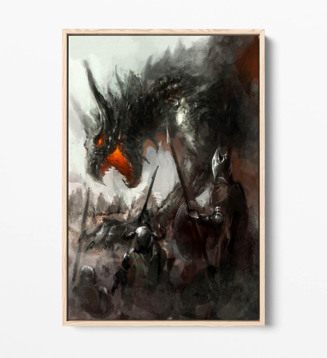 Canvas Wall Art – Watercolour Dragon & Knights Float Effect Print with Premium Frame
