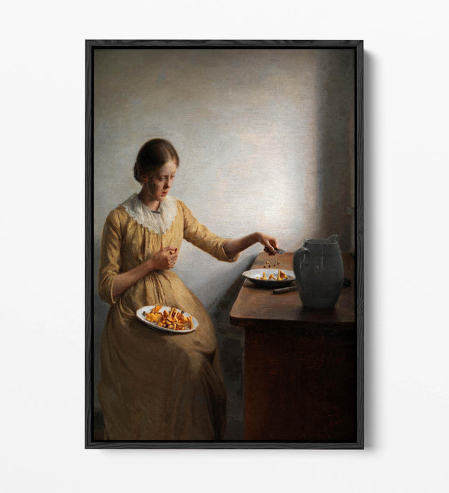 Canvas Art Print - Peter Ilsted Young Girl Cleaning Chanterelles | Float Effect, Premium Frame