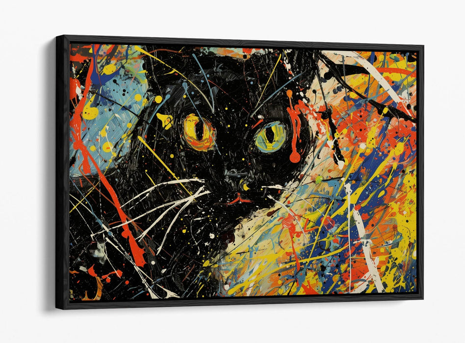 Black Cat Canvas Art - Jackson Pollock Style Float Effect Modern Cat Artwork