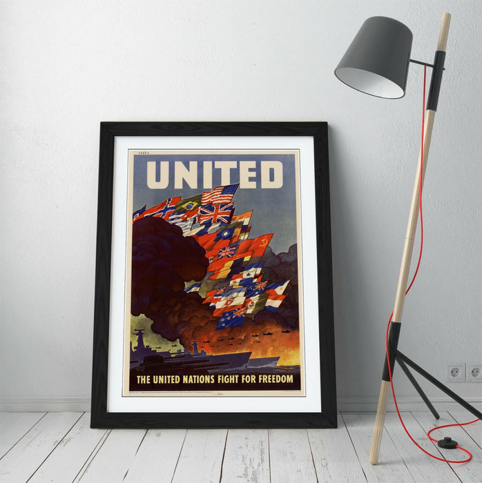 VINTAGE UNITED NATIONS FIGHT FOR FREEDOM POSTER -FRAMED WALL ART PICTURE PRINT