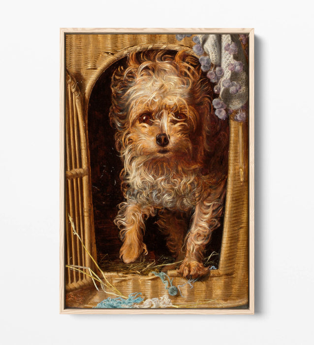 FREDERICK SANDYS, DARBY IN HIS BASKET KENNEL -FLOAT EFFECT CANVAS WALL ART PRINT