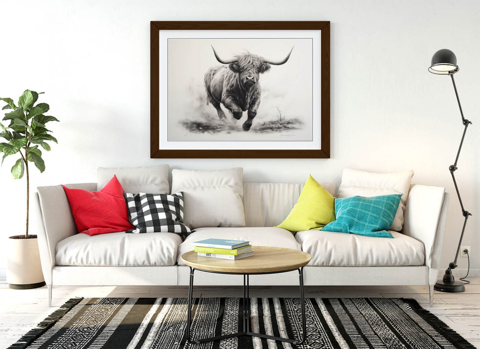 Highland Cow Wall Art – Framed Charcoal Sketch Print | Rustic Animal Decor