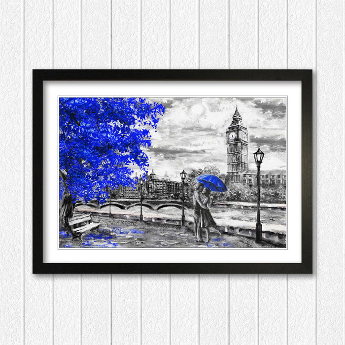 London Big Ben Grey Blue Umbrella Wall Art Picture Framed Poster Print 4 sizes