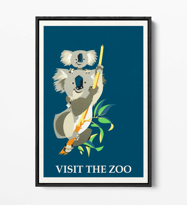 RETRO VINTAGE VISIT THE ZOO KOALA POSTER -FLOAT EFFECT CANVAS ART PRINT