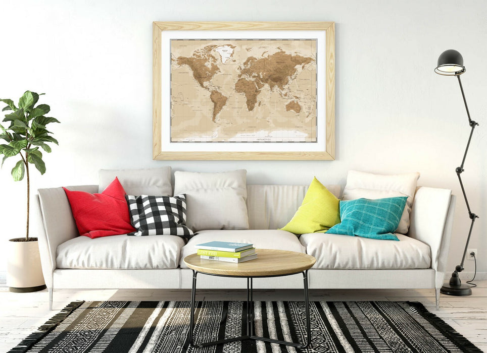 VINTAGE WORLD MAP -ART FRAMED POSTER PICTURE PRINT ARTWORK- BEIGE