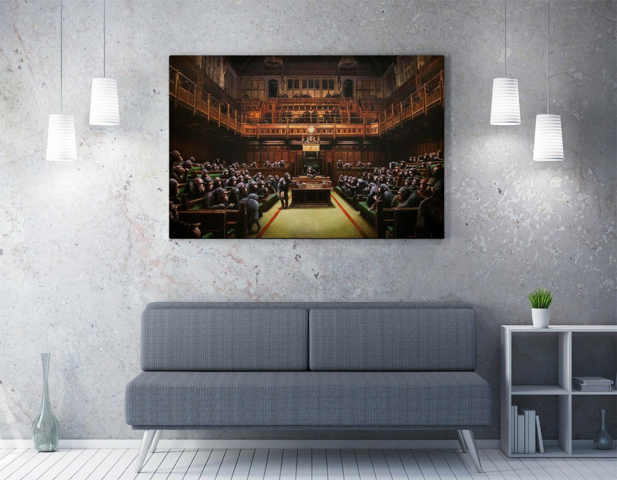 BANKSY, MONKEY PARLIAMENT BROWN SEPIA TONES-CANVAS WALL ART PRINT ARTWORK FRAMED