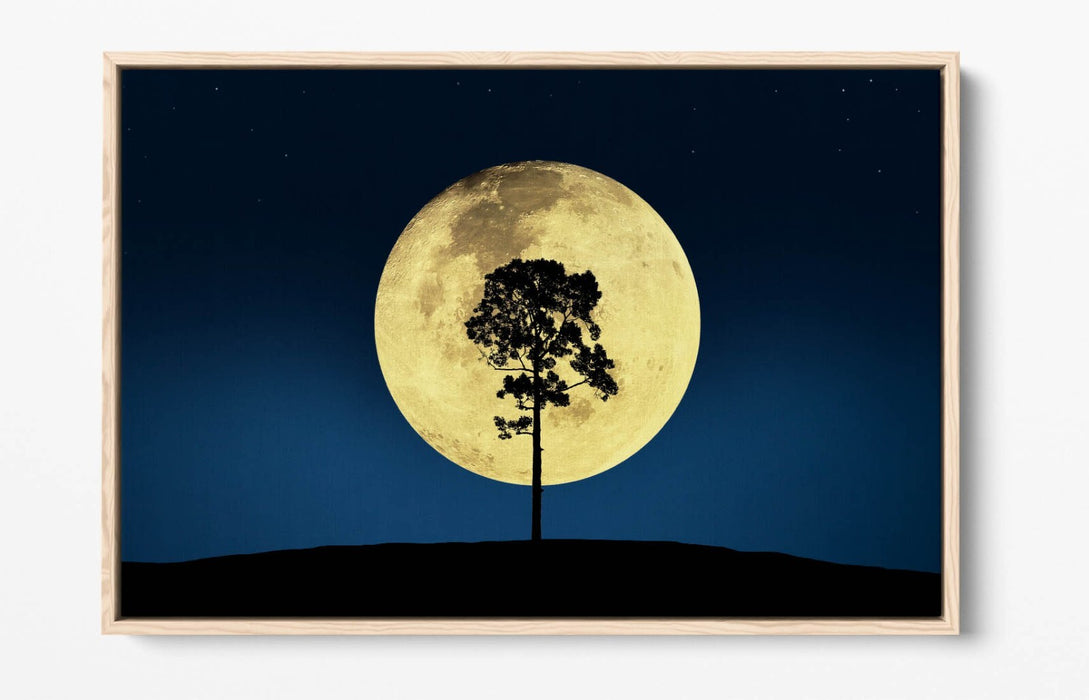 Canvas Wall Art - Tree Silhouette Print With Big Moon | Blue Night Sky Decor