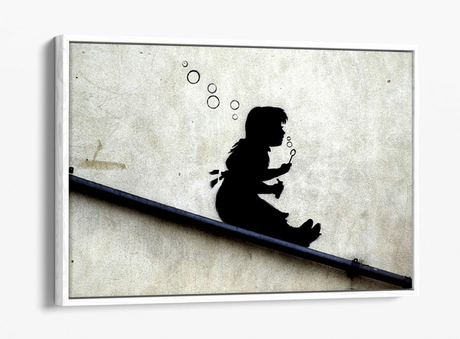 BANKSY GIRL SLIDE -FLOAT EFFECT CANVAS WALL ART PIC PRINT- BLACK & WHITE