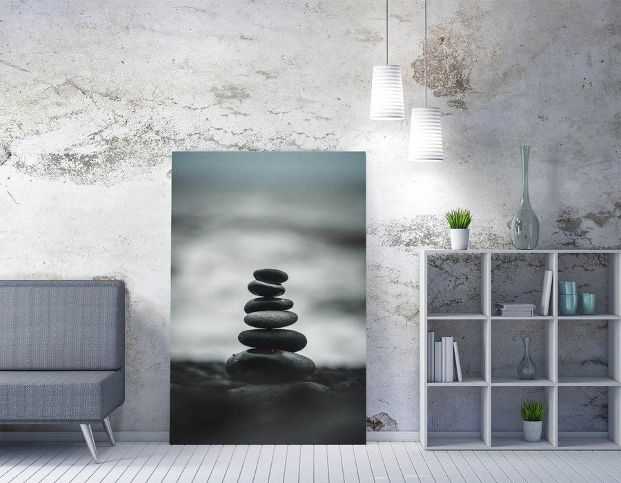 Canvas Wall Art – Stacked Zen Stones Seashore Beach Theme Print | Premium Satin Finish