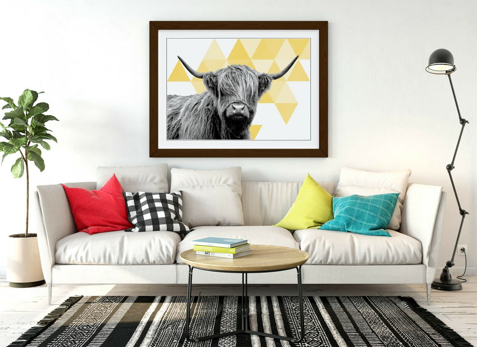 HIGHLAND COW YELLOW SPARSE GEOMETRIC -ART FRAMED POSTER PICTURE PRINT ARTWORK-