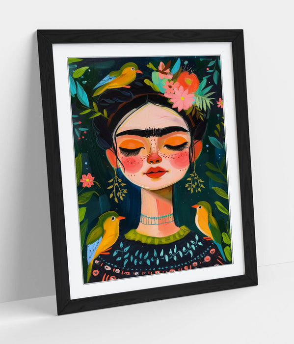 Frida Kahlo Wall Art – Cute Portrait Print With Jungle Wall Decor & Woodgrain Frame