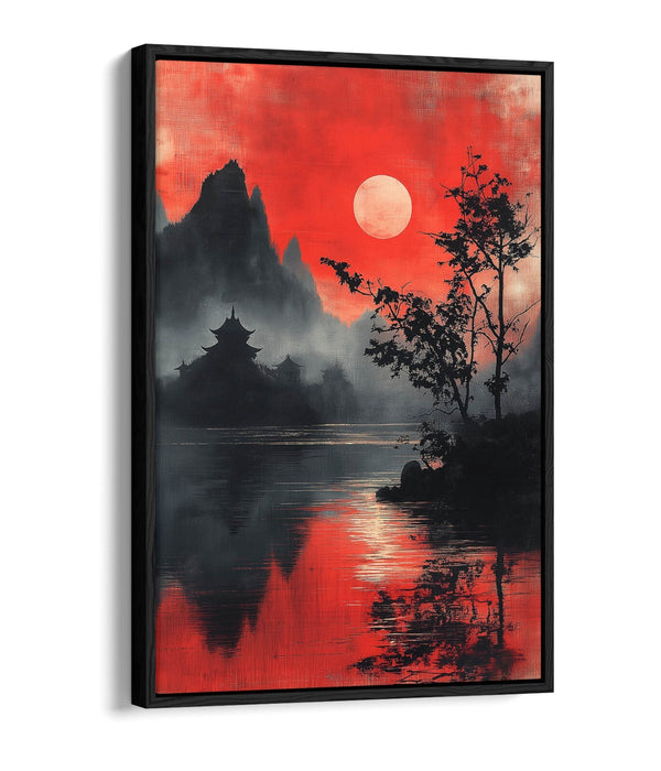 Chinese Landscape Canvas - Float Effect Art on Red Black Handmade Canvas Print