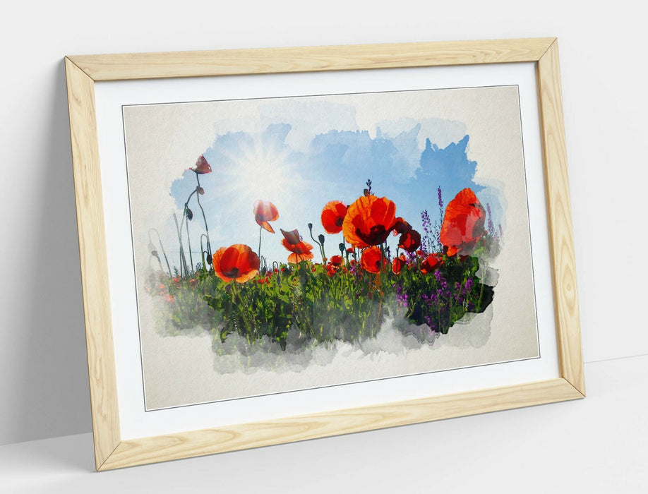 Framed Wall Art - Poppy Field Watercolour Painting With Natural Wood Frame